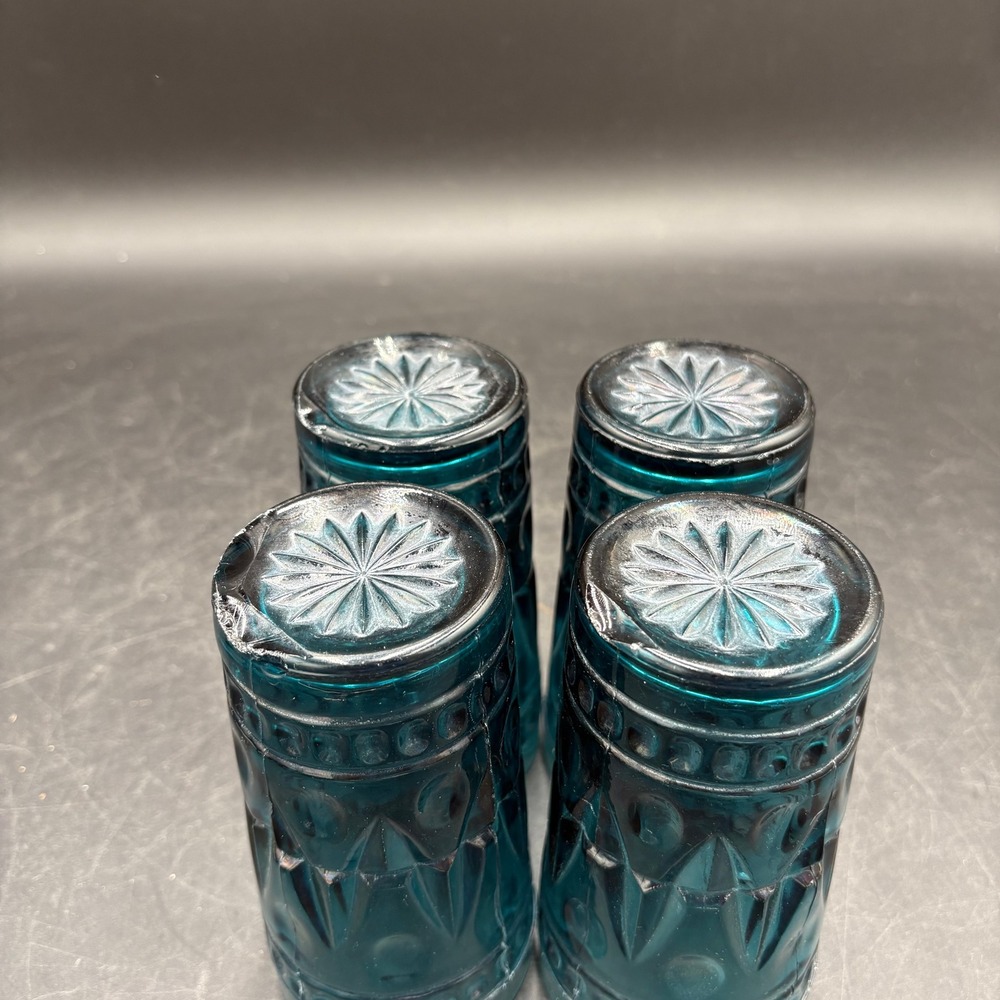 Vtg Indiana Park Lane Teal Blue Glassware 8pc Diamond Starburst Goblets Tumblers - Picture 10 of 13